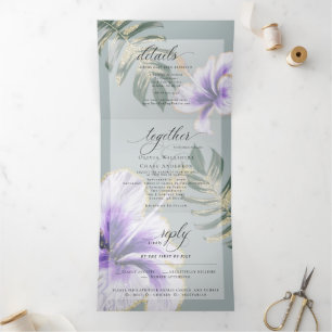 Convite Com Dobra Tripla Purple Watercolor Hibiscus Floral Wedding Tri-Fold