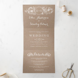 Convite Com Dobra Tripla Quadro floral branco de vindima, iniciais casament