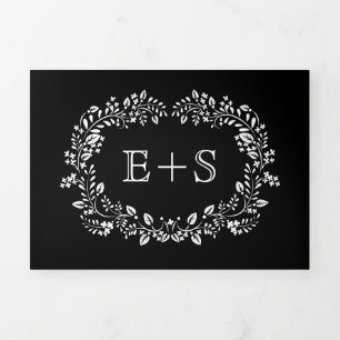 Convite Com Dobra Tripla Quadro floral preto e branco com as iniciais do ca