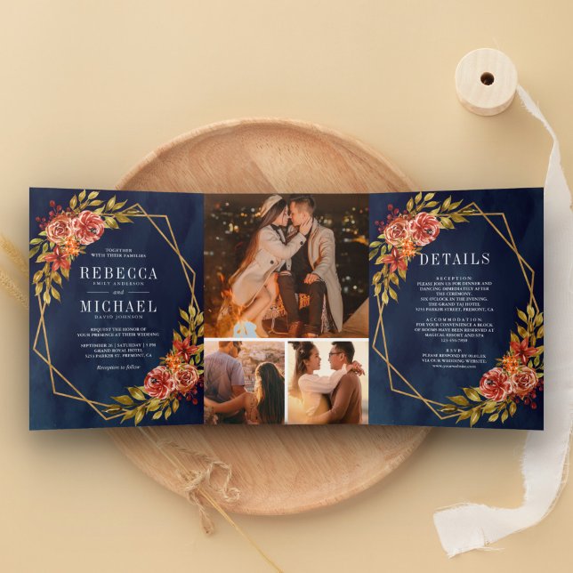Convite Com Dobra Tripla Quadro Floral Rústico Azul Naval Laranja Queimada  (Criador carregado)