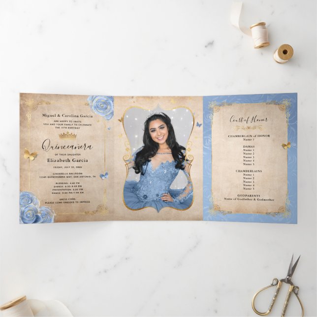 Convite Com Dobra Tripla Quinceanera, Dourada Foto Elegante, Azul-Bebê (Dentro)