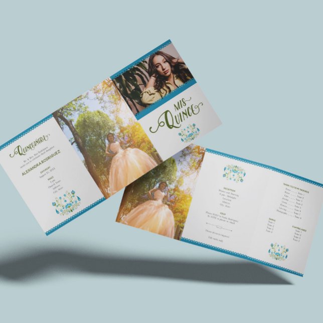 Convite Com Dobra Tripla Quinceanera Foto Floral Azul Do México Tradicional (Criador carregado)