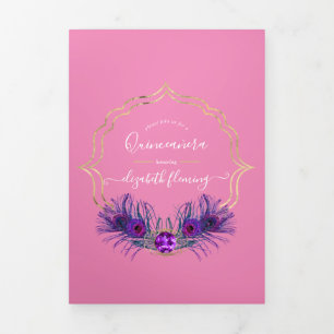 Convite Com Dobra Tripla Quinceañera rosa e Dourada Peacock
