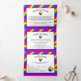 Convite Com Dobra Tripla Rainbow Heart, Love is Love Wedding Suite