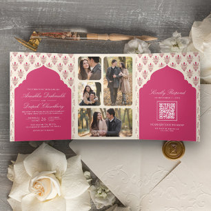 Convite Com Dobra Tripla Rani Pink Creme Ikat Tudo em Um Casamento Indiano