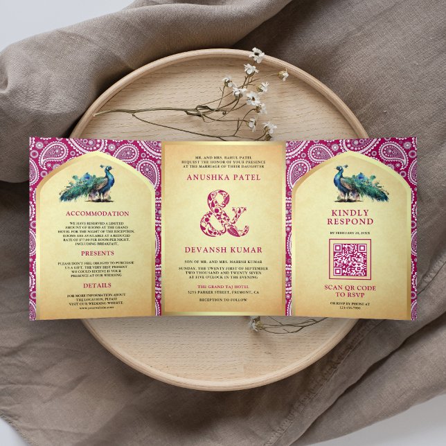 Convite Com Dobra Tripla Rani Rosa Paisley Pavão Indiano Código QR Casament (Criador carregado)