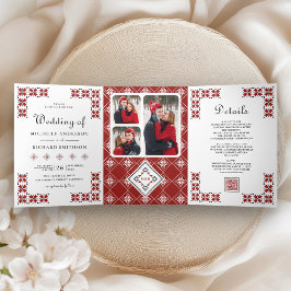 Convite Com Dobra Tripla Red and Black Ukrainian Embroidery QR Code Wedding