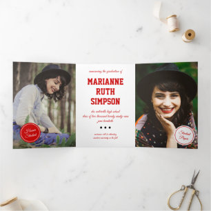 Convite Com Dobra Tripla Red Circles 5-Photo Graduation