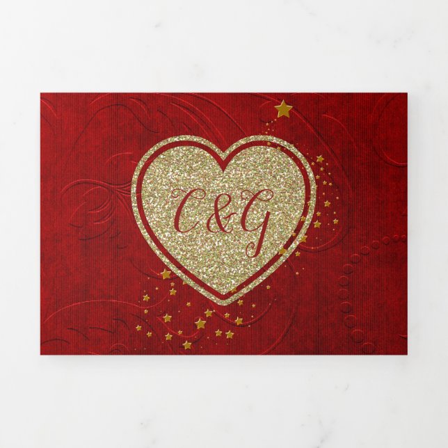 Convite Com Dobra Tripla Red Damask Dourado Heart All in One Wedding (Cobrir)