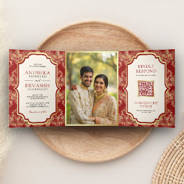 Convite Com Dobra Tripla Red Gold Lace Código QR Foto Casamento Indiano
