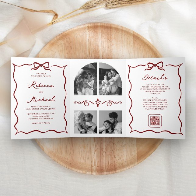 Convite Com Dobra Tripla Red Hand Drawn Bow QR Code Photo Wedding (Criador carregado)