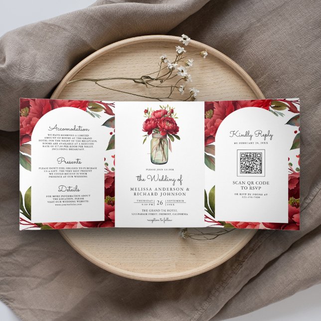 Convite Com Dobra Tripla Red Peony Floral Mason Jar Código QR Casamento (Criador carregado)