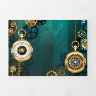 Convite Com Dobra Tripla Relógio de Joia Steampunk em um Fundo Verde