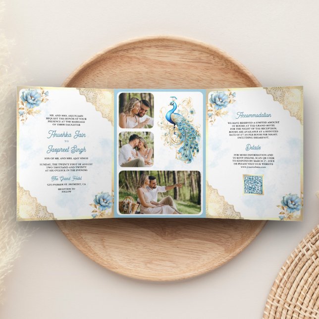 Convite Com Dobra Tripla Renda Floral Azul Suave Dourada Casamento Pavão In (Criador carregado)