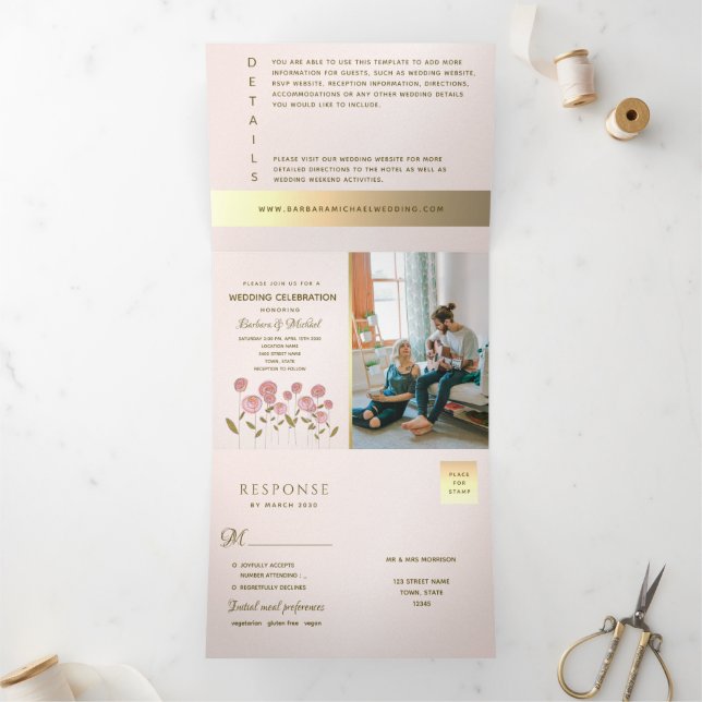 Convite Com Dobra Tripla Romântico Rosa Floral Foto Casamento (Dentro)
