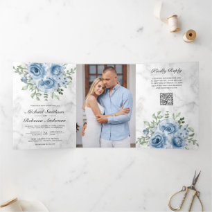 Convite Com Dobra Tripla Rosa Azul Empoeirada Foto Mármore Branco Código QR