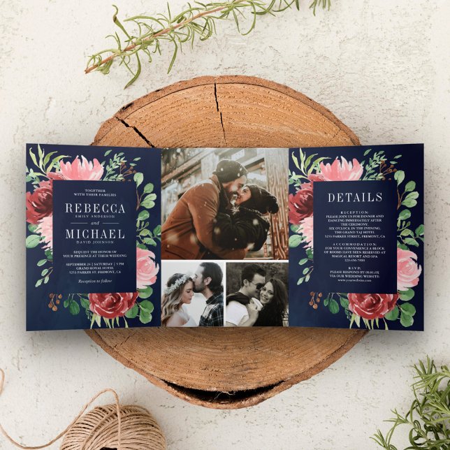 Convite Com Dobra Tripla Rosa Bege Bordô Floral Azul Marinho Casamento (Criador carregado)