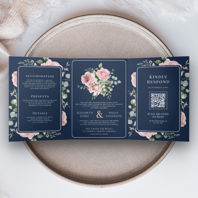 Convite Com Dobra Tripla Rosa Bege Flora Eucalipto Azul Marinho Casamento (Criador carregado)