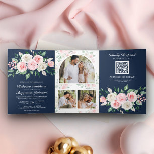 Convite Com Dobra Tripla Rosa Bege Floral Azul Marinho Código QR Casamento