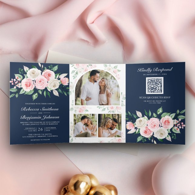 Convite Com Dobra Tripla Rosa Bege Floral Azul Marinho Código QR Casamento (Criador carregado)