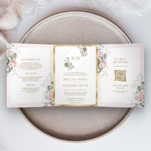Convite Com Dobra Tripla Rosa Bege Salmão Verde Floral Tudo em Um Casamento