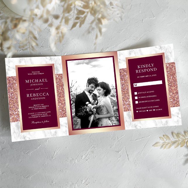Convite Com Dobra Tripla Rosa Branco Mármore Dourado Brilho Magenta Casamen (Criador carregado)