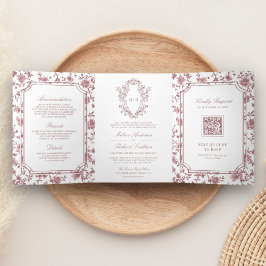 Convite Com Dobra Tripla Rosa Chinoiserie Crest QR Code Casamento