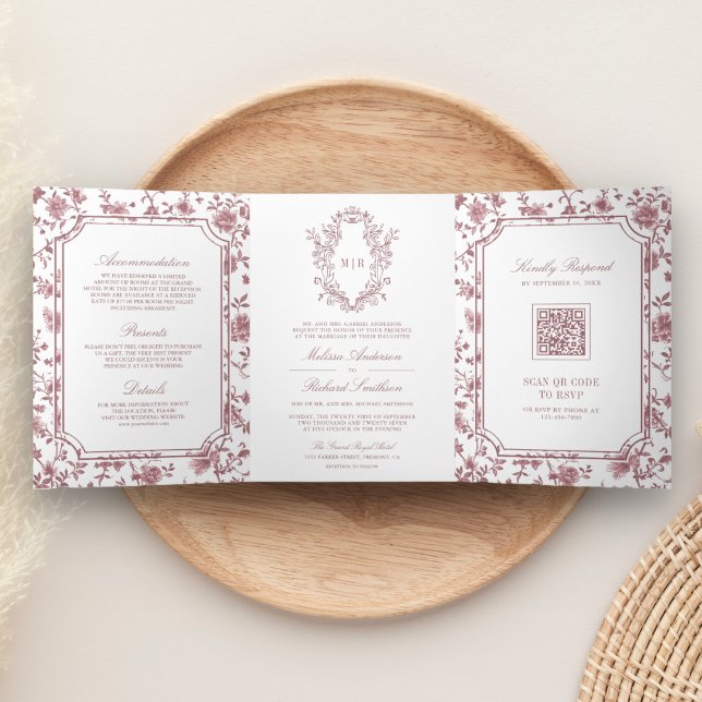Convite Com Dobra Tripla Rosa Chinoiserie Crest QR Code Casamento (Criador carregado)