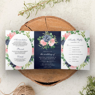 Convite Com Dobra Tripla Rosa Corado e Azul Naval Floral 3 em 1 Casamento