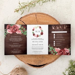 Convite Com Dobra Tripla Rosa Corado e Casamento Floral em Madeira de Celei