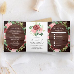 Convite Com Dobra Tripla Rosa Corado e Floral Burgundy de Madeira de Celeir
