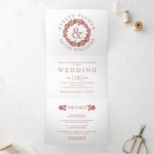 Convite Com Dobra Tripla rosa de Vintage terracotta em casamento branco 