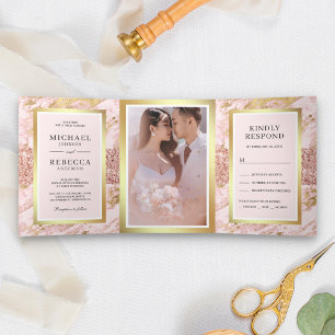 Convite Com Dobra Tripla Rosa Dourado Brilho Blush Rosa Mármore Foto Casame