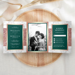 Convite Com Dobra Tripla Rosa Dourado Brilho Esmeralda Casamento Mármore Br