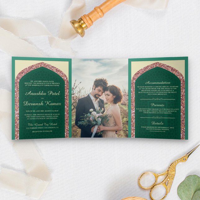 Convite Com Dobra Tripla Rosa Dourado Brilho Verde Menta Casamento Indiano (Criador carregado)