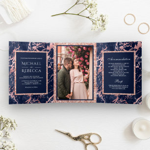Convite Com Dobra Tripla Rosa Dourado Mármore Azul Naval Brilho Foto Casame