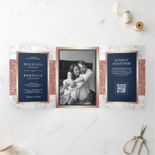 Convite Com Dobra Tripla Rosa Dourado Mármore Branco Azul Naval Código QR C