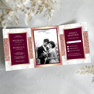 Convite Com Dobra Tripla Rosa Dourado Mármore Branco Brilho Magenta Casamen