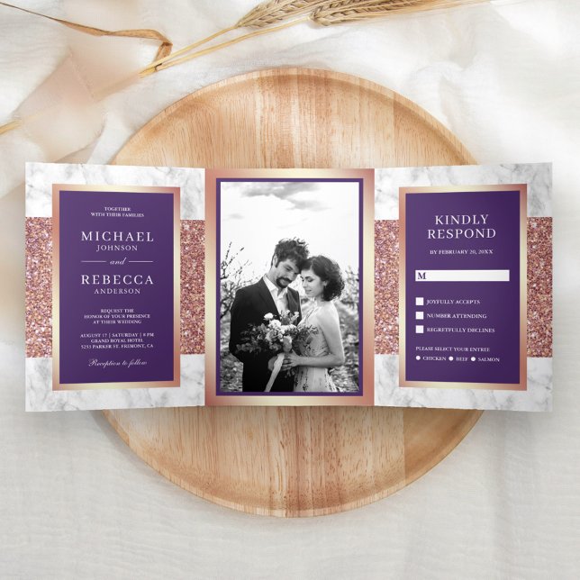 Convite Com Dobra Tripla Rosa Dourado Mármore Branco com Brilho Violeta Cas (Criador carregado)
