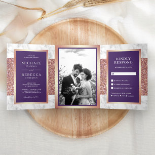 Convite Com Dobra Tripla Rosa Dourado Mármore Branco Glitter Violeta Casame