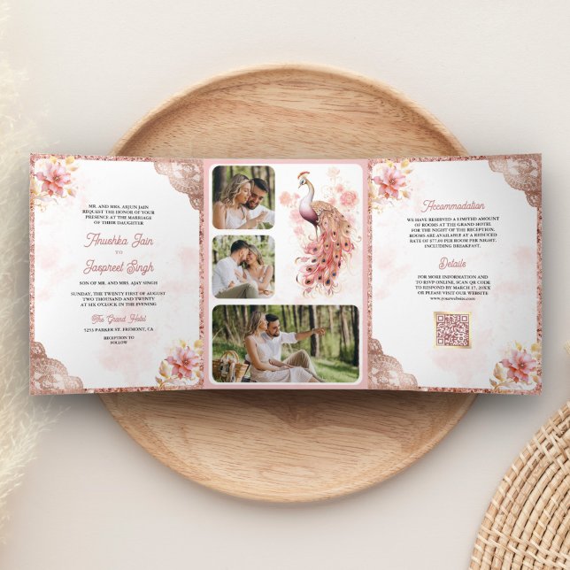 Convite Com Dobra Tripla Rosa Dourado Renda Floral Índio Pavão Casamento (Criador carregado)