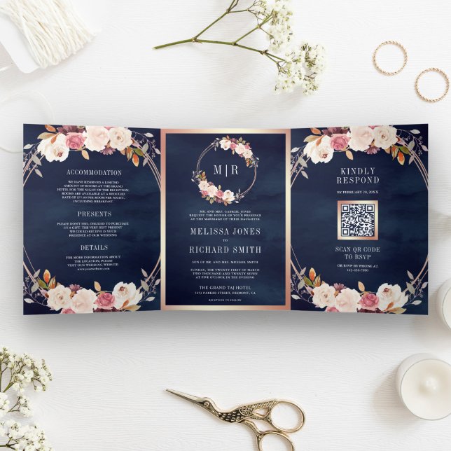 Convite Com Dobra Tripla Rosa Dourado Rosa Floral Código QR Casamento Azul- (Criador carregado)