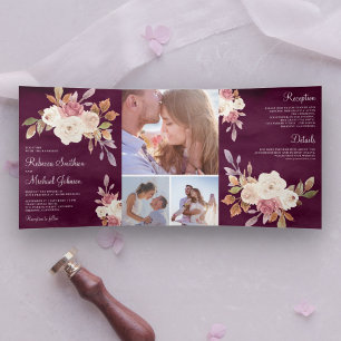 Convite Com Dobra Tripla Rosa Empoeirado Marfim Floral Ameixa Roxo Casament