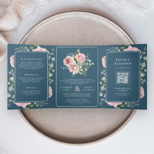 Convite Com Dobra Tripla Rosa Enrubescido Floral Eucalipto Azul Empoeirado 