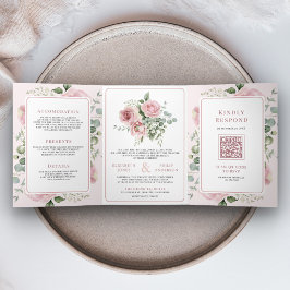 Convite Com Dobra Tripla Rosa Esmaecido Floral Eucalipto Tudo em Um Casamen