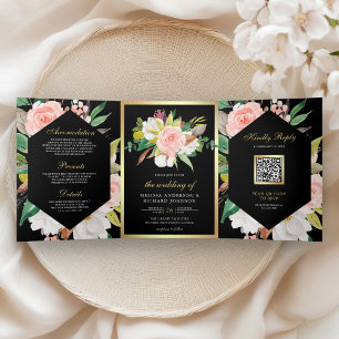 Convite Com Dobra Tripla Rosa Floral Dourado Código QR Preto Casamento