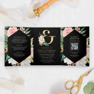 Convite Com Dobra Tripla Rosa Floral E comercial Preto Código QR Casamento