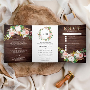 Convite Com Dobra Tripla Rosa Floral Magnólia Algodão Madeira Casamento