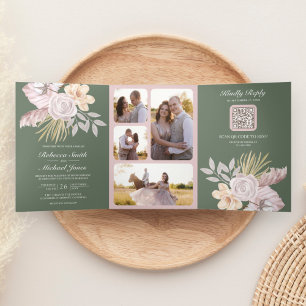 Convite Com Dobra Tripla Rosa Floral Verde Sálvia Rústica Código QR Casamen