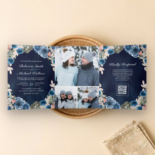 Convite Com Dobra Tripla Rosa Naval Azul Floral Foto Código QR Casamento